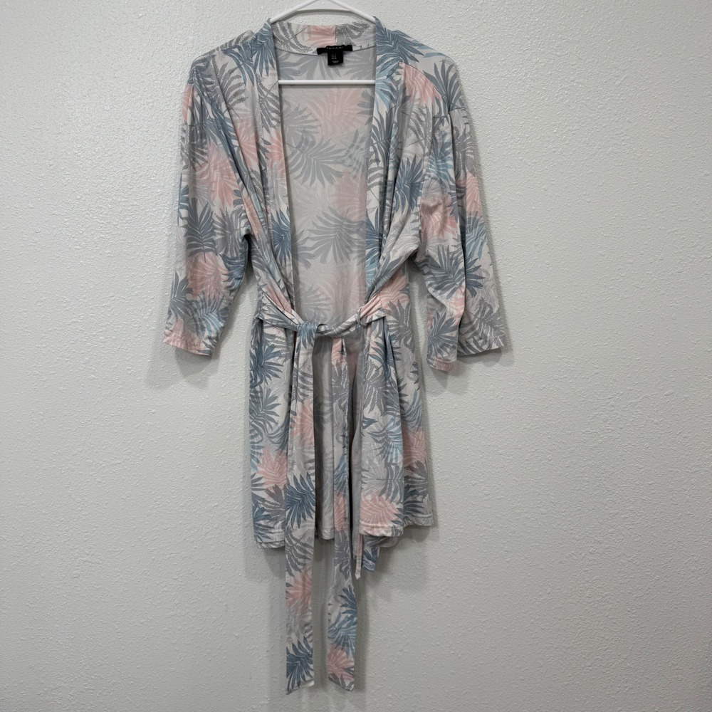 Tahari Womens XL Tropical Palm Leaf Print Wrap Robe‎ Blue Pink Grey 5070